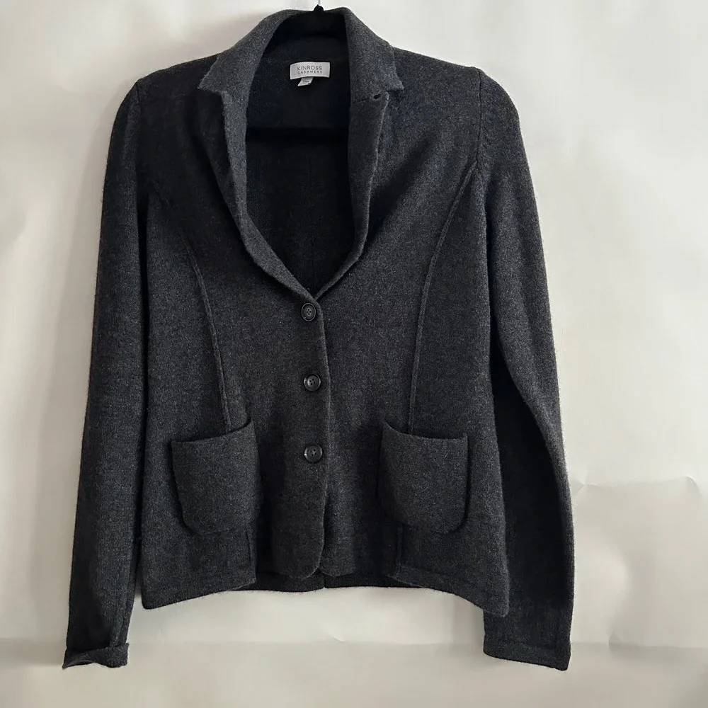 Kinross Cashmere Cardigan Sweater Womens Medium Gray Button Front Blazer Jacket